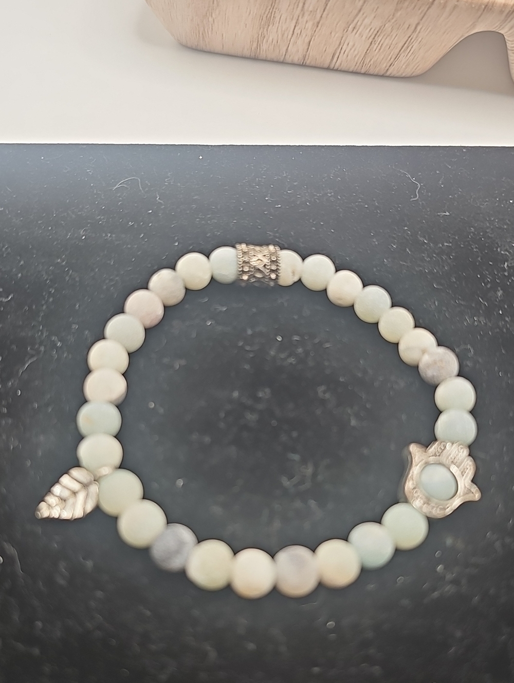 White Pale Green Howlite Beaded Hamsa Bracelet With Charms.